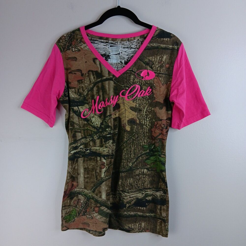 Mossy Oak T-shirt Logo V-Neck Short Sleeve Camo Pink Tee Girl Youth Large